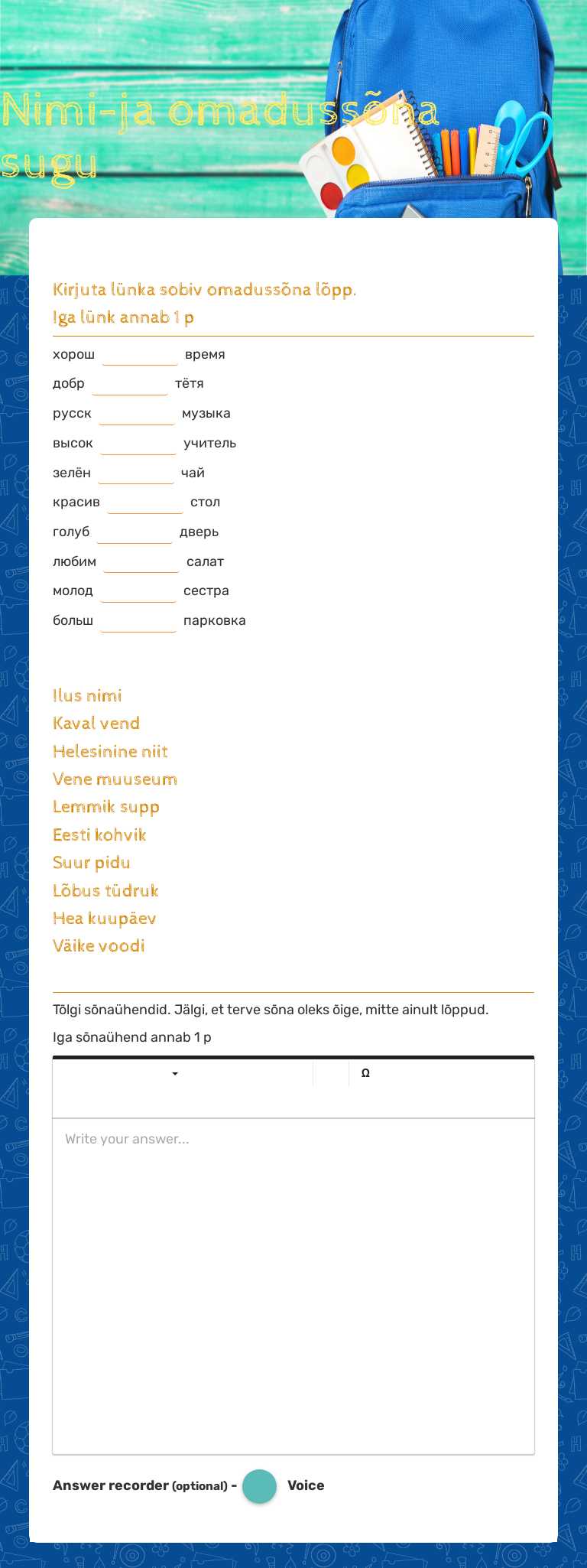 Nimi-ja omadussõna sugu Grade 6 worksheet preview