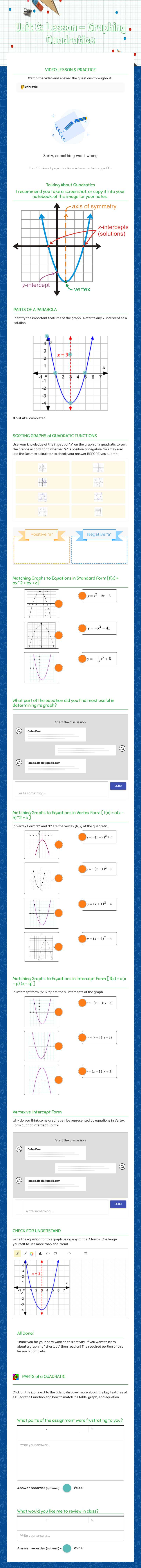 Unit 6: Lesson - Graphing Quadratics Grade 8 worksheet preview