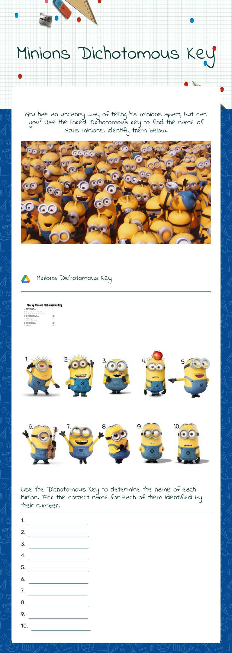 Minions Dichotomous Key worksheet preview