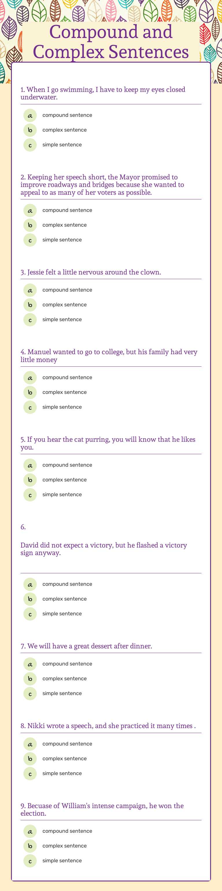 Compound and Complex Sentences Grade 7 worksheet preview