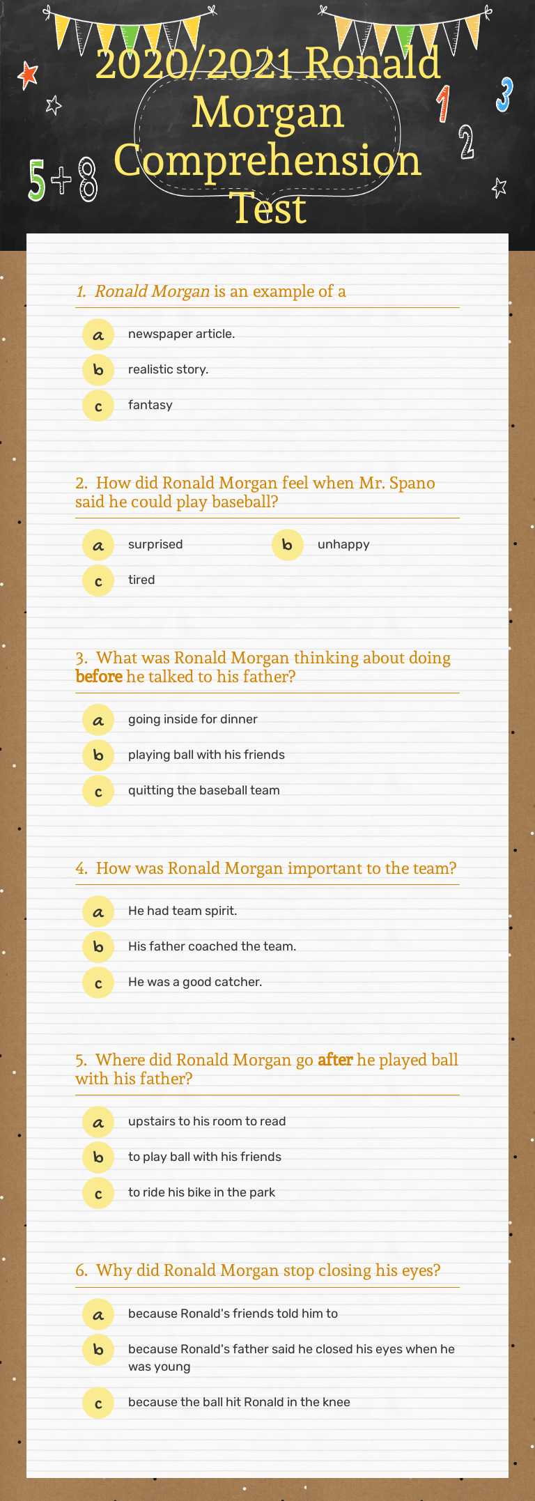 2020/2021   Ronald Morgan Comprehension Test worksheet preview image