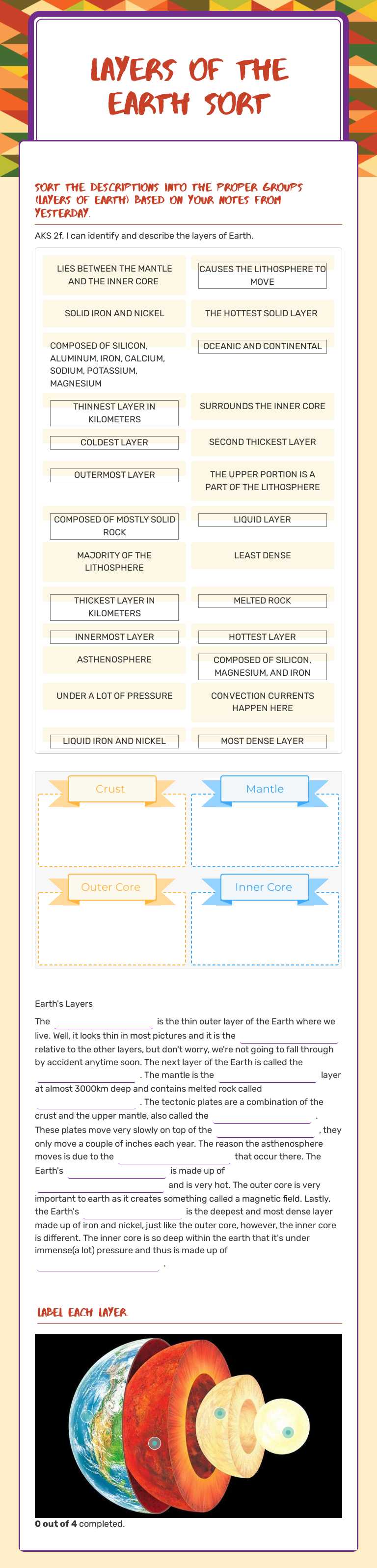 Layers of the earth sort Grade 6 worksheet preview