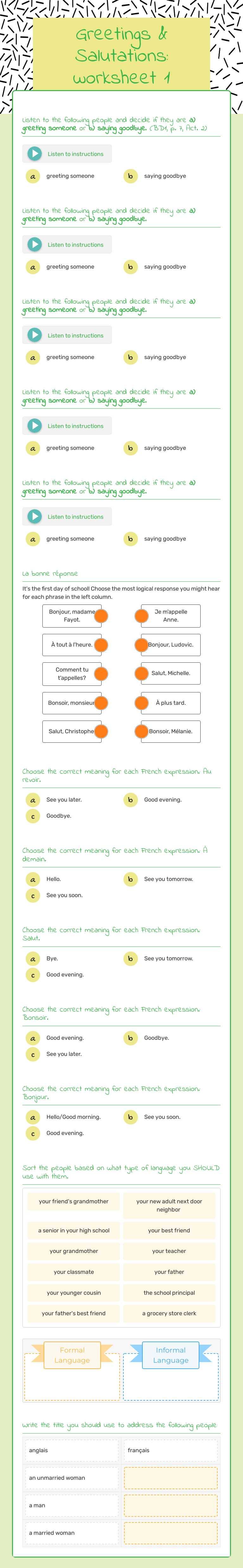 Greetings & Salutations: worksheet 1 worksheet preview image