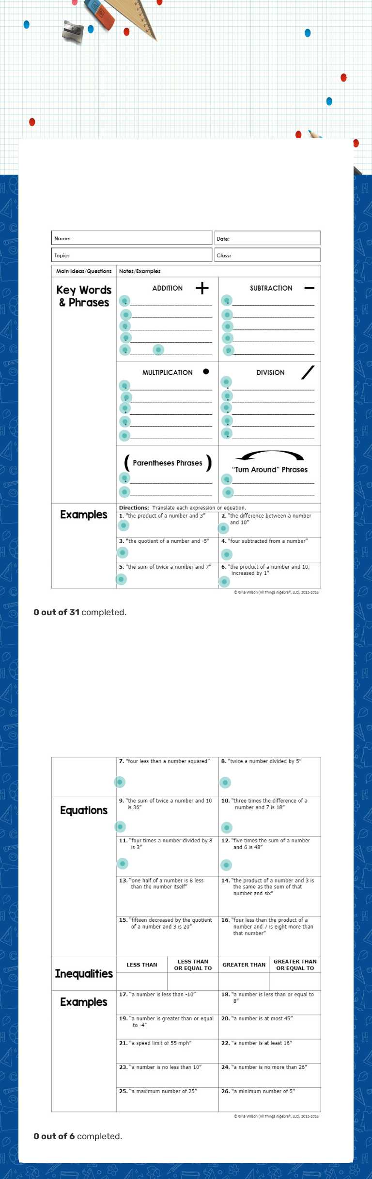 Notes: Translating Expressions and Equations Grade 9 worksheet preview