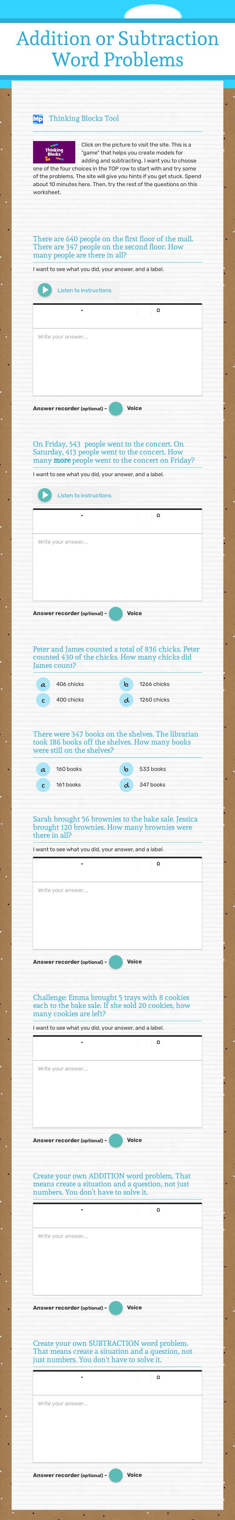 Addition or Subtraction Word Problems worksheet preview image