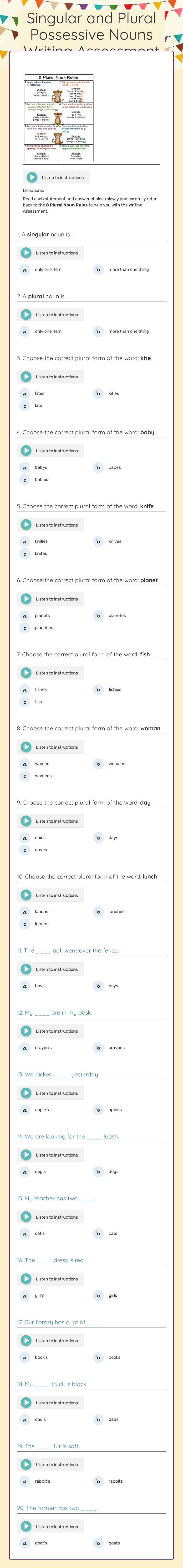 Singular and Plural Possessive Nouns Writing Assessment worksheet preview image