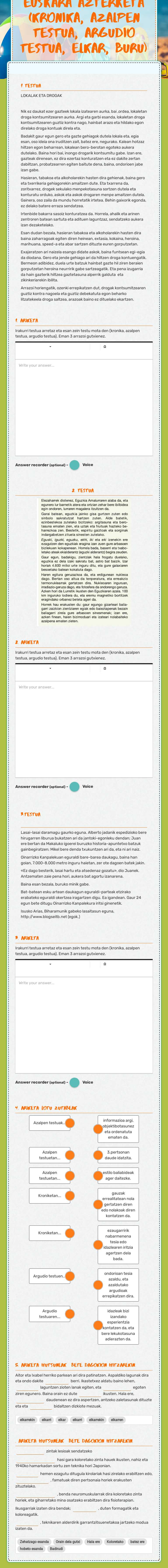 EUSKARA AZTERKETA (KRONIKA, AZALPEN TESTUA, ARGUDIO TESTUA, ELKAR, BURU) worksheet preview image