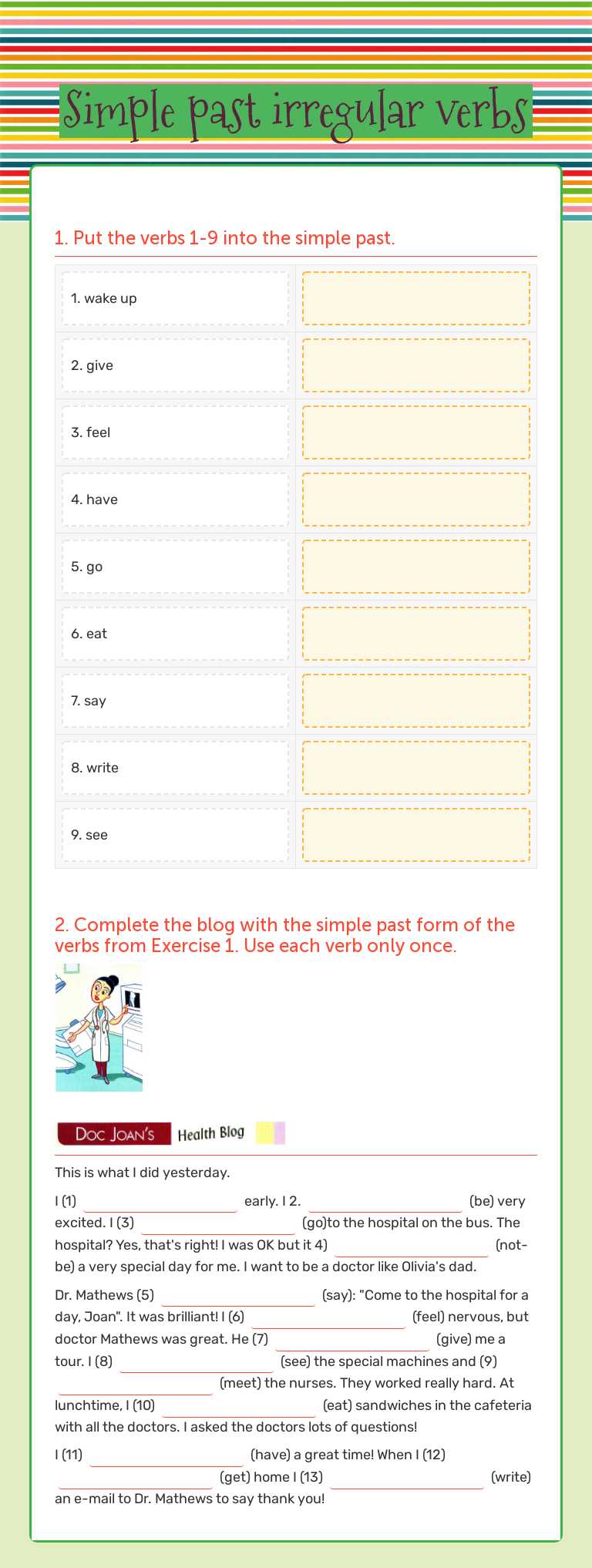 Simple past irregular verbs worksheet preview image