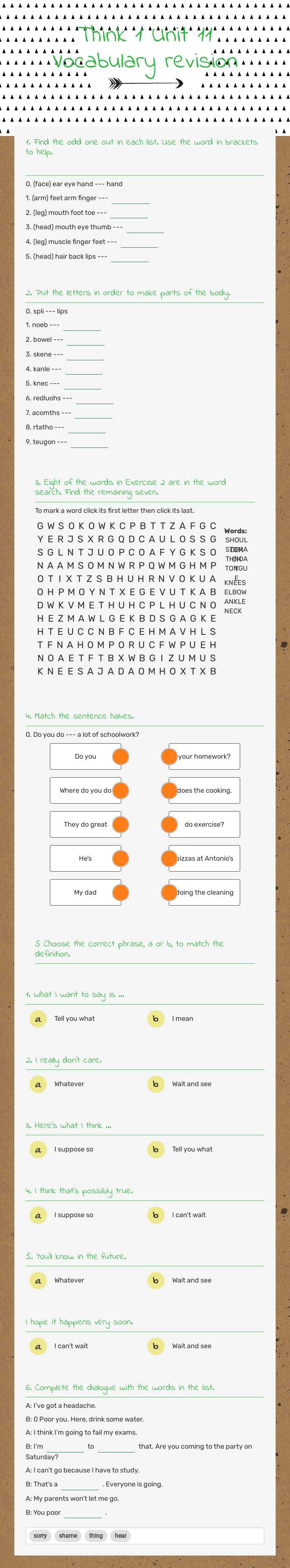 Think 1 Unit 11 Vocabulary revision worksheet preview image