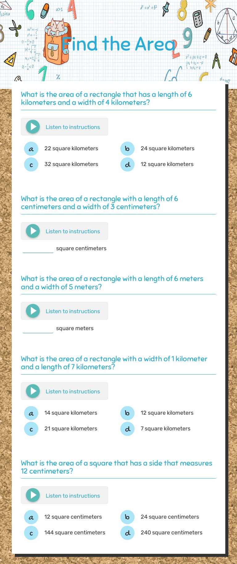 Find the Area Grade 3 worksheet preview
