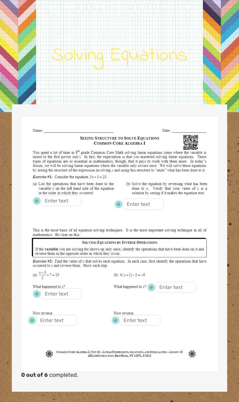 Solving Equations worksheet preview image