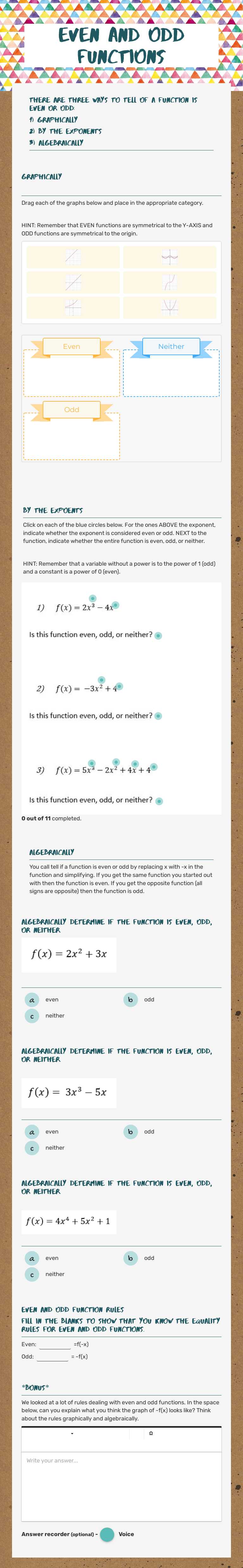 Even and Odd Functions worksheet preview