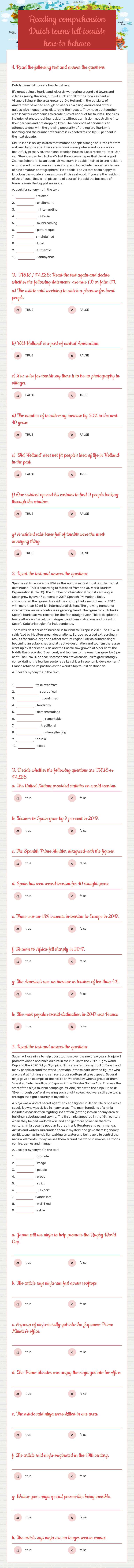 Reading comprehension Dutch towns tell tourists how to behave worksheet preview image