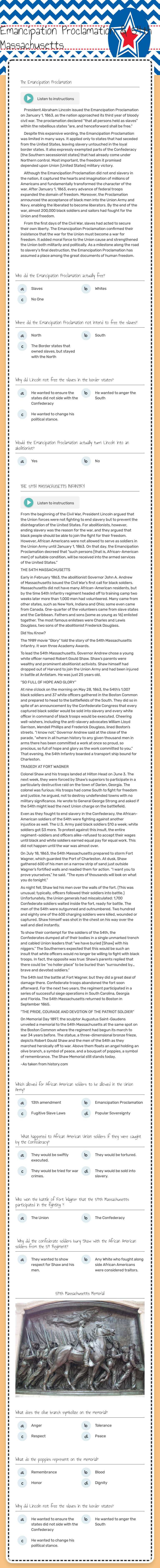 Emancipation Proclamation &             
  54th Massachusetts worksheet preview