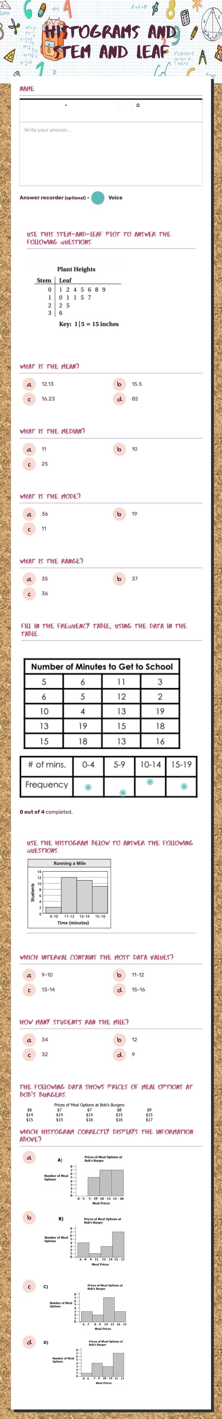 Histograms and stem and leaf worksheet preview image