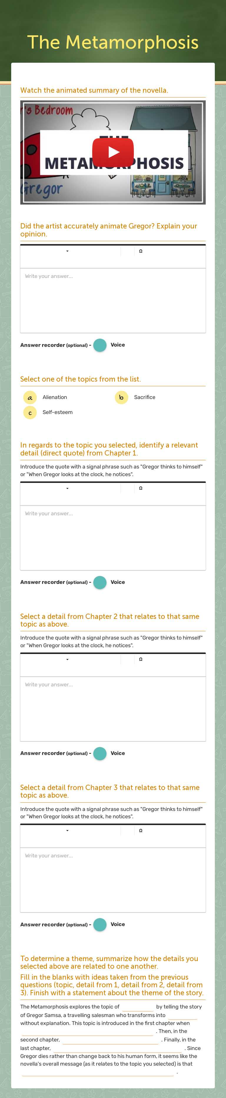The Metamorphosis worksheet preview image