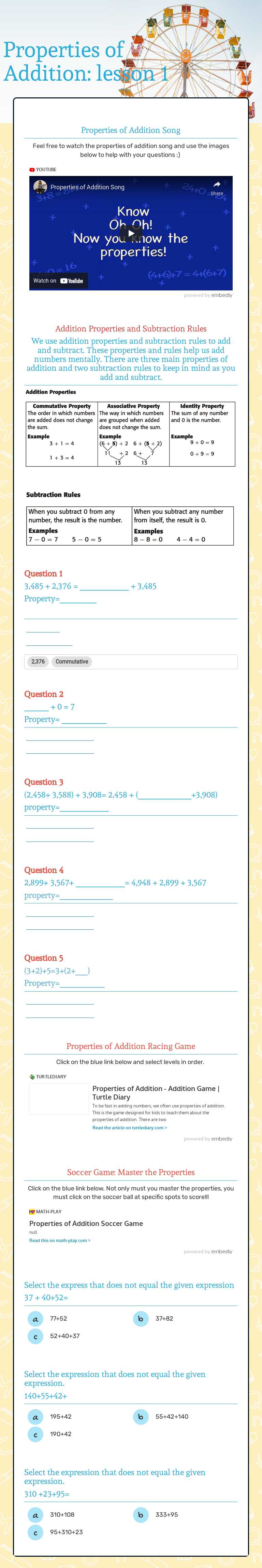 Properties of Addition: lesson 1 worksheet preview image