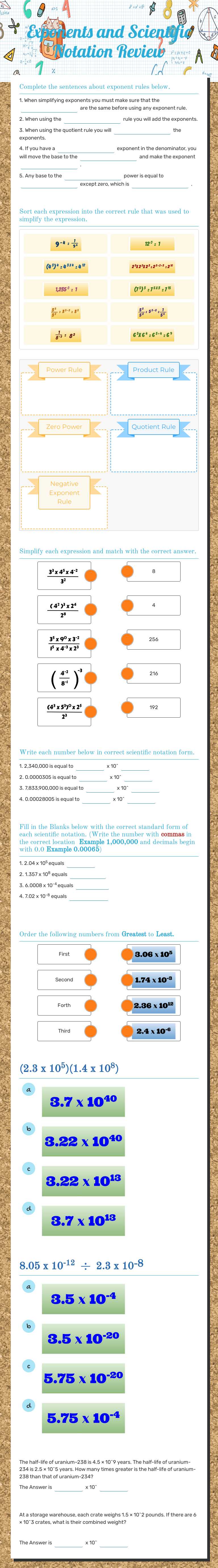 Exponents and Scientific Notation Review worksheet preview image