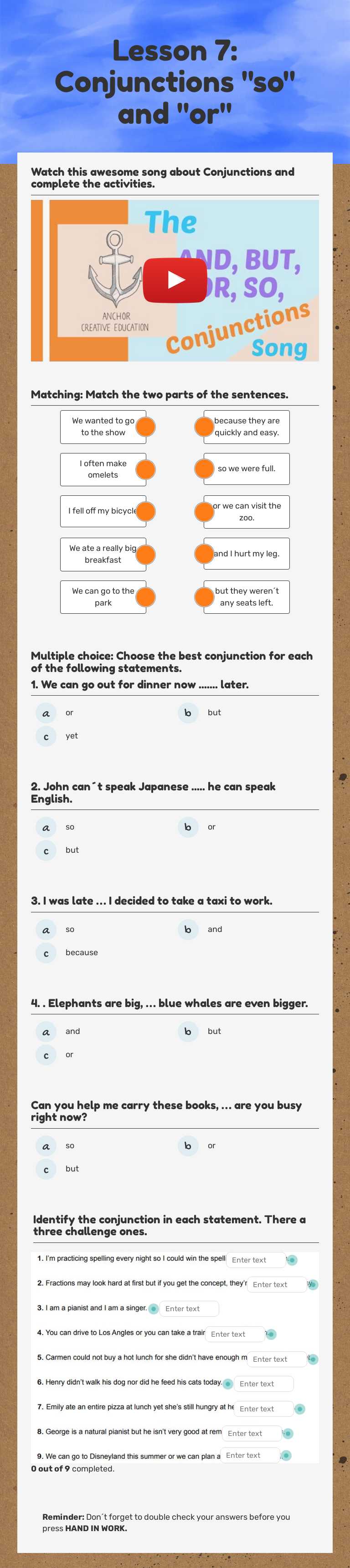 Lesson 7: Conjunctions "so" and "or" worksheet preview image
