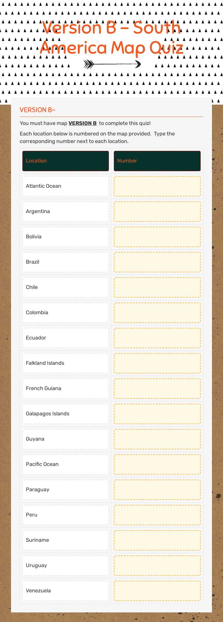 Version B -   South America Map Quiz worksheet preview image
