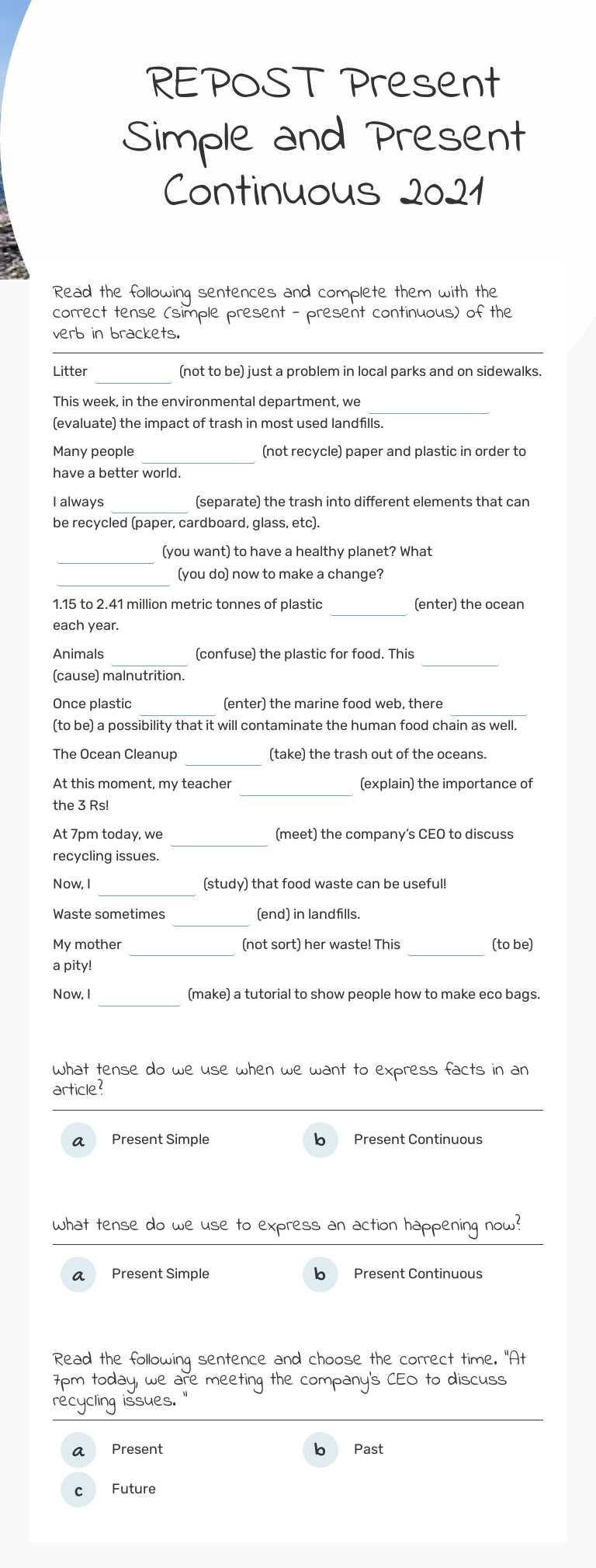 REPOST
Present Simple and Present Continuous
2021 Grade 6 worksheet preview