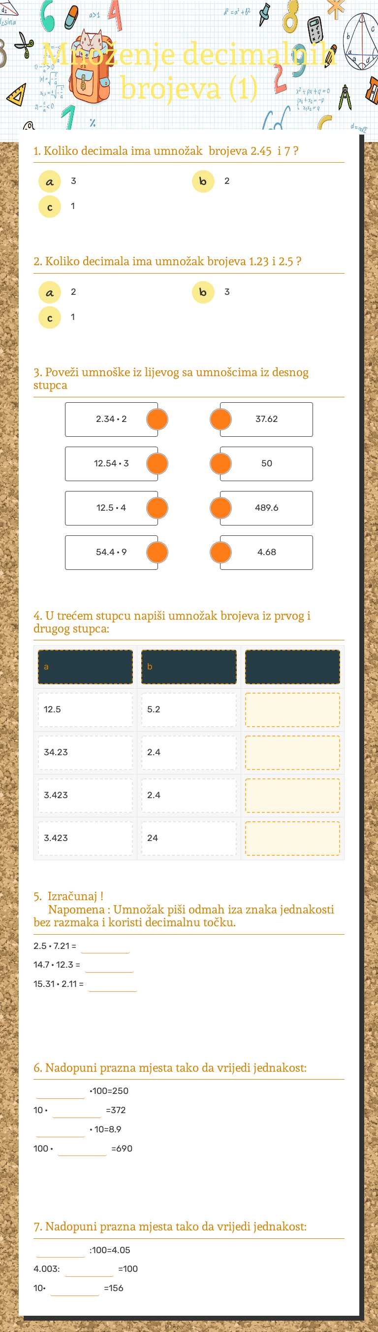 Množenje decimalnih brojeva (1) Grade 5 worksheet preview