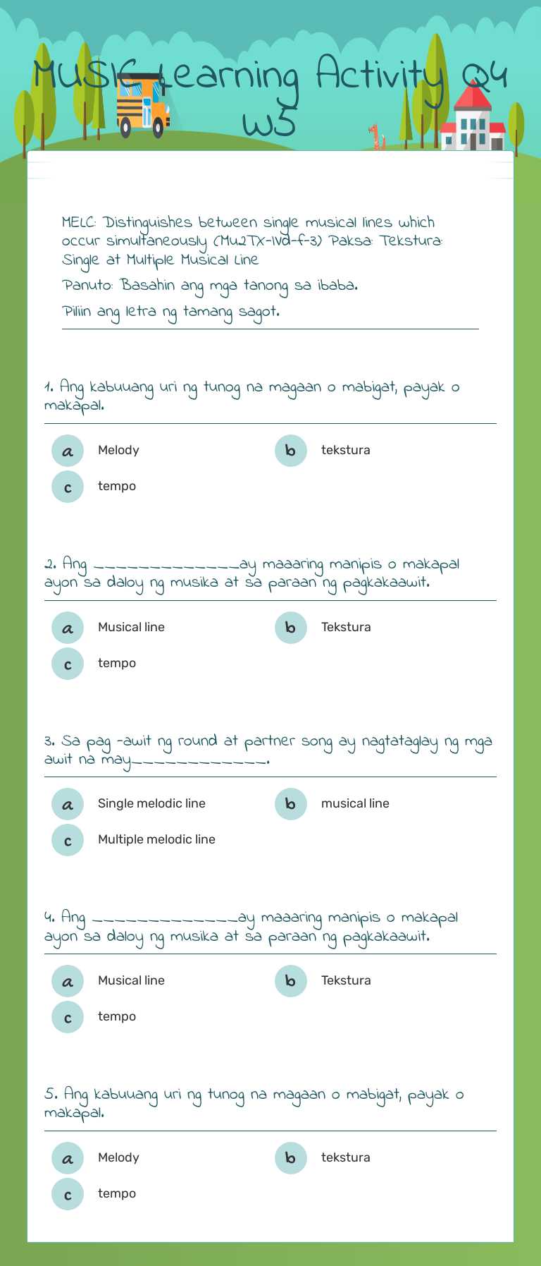 MUSIC Learning Activity Q4 W5 worksheet preview image