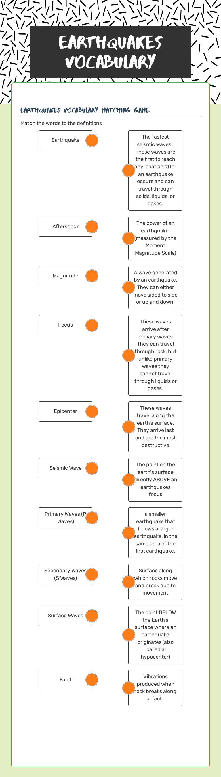 Earthquakes vocabulary Grade 4 worksheet preview