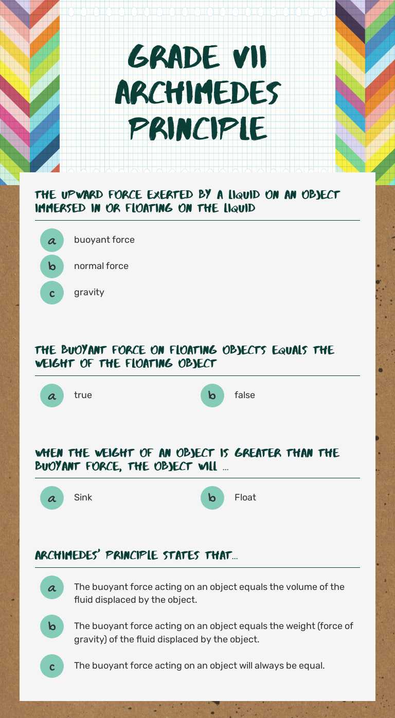 grade vii Archimedes principle worksheet preview image