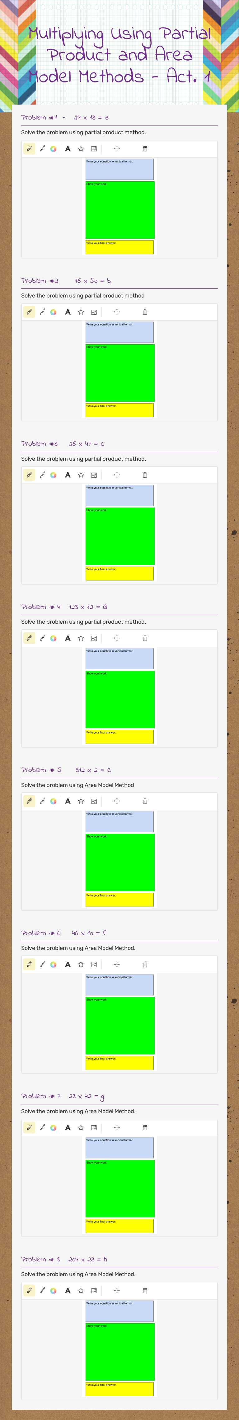 Multiplying Using Partial Product and Area Model Methods - Act. 1 worksheet preview image