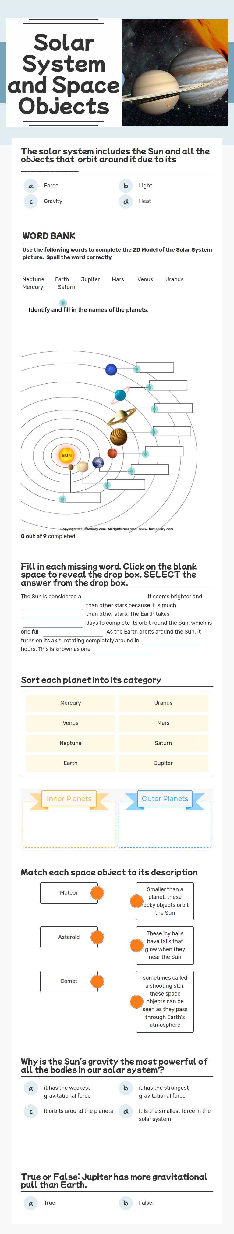 Solar System and Space Objects worksheet preview image