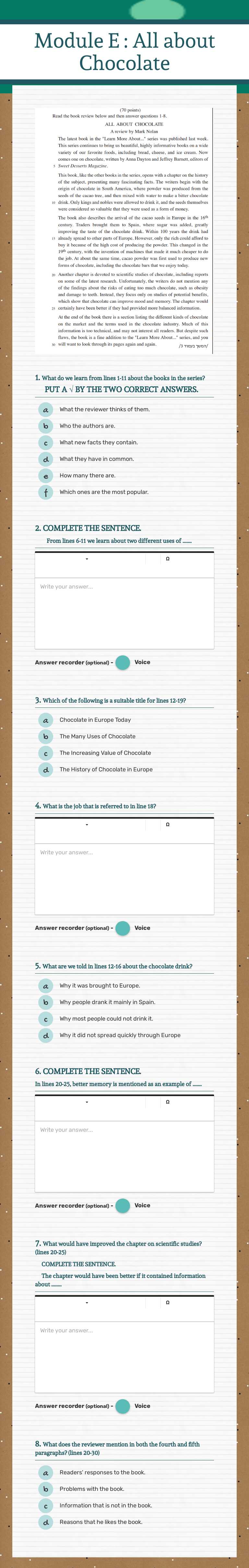 Module E : 
All about Chocolate Grade 11 worksheet preview