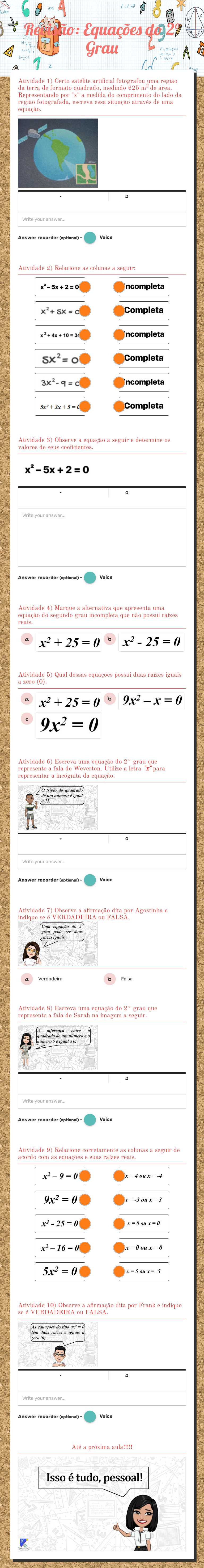 Revisão: Equações do 2° Grau worksheet preview image
