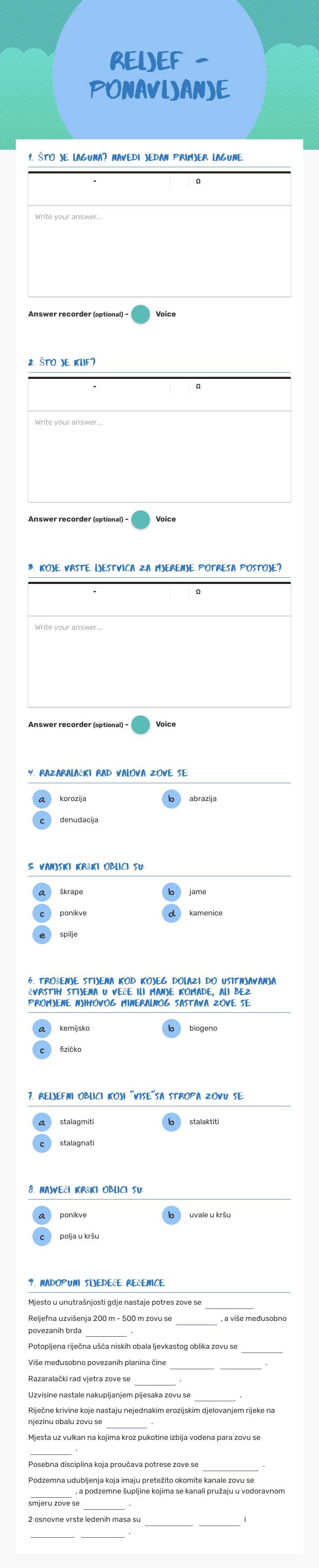 reljef -ponavljanje Grade 9 worksheet preview