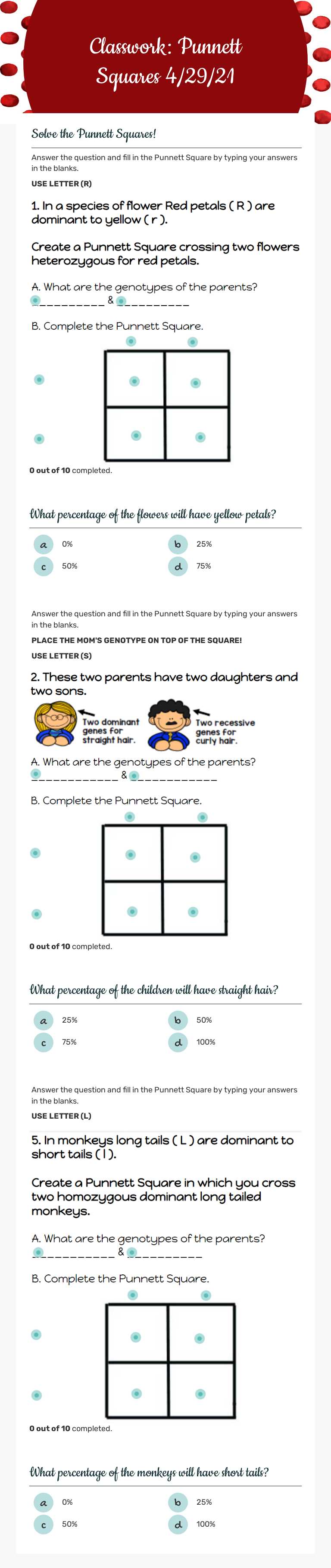 Classwork: Punnett Squares 4/29/21 worksheet preview image