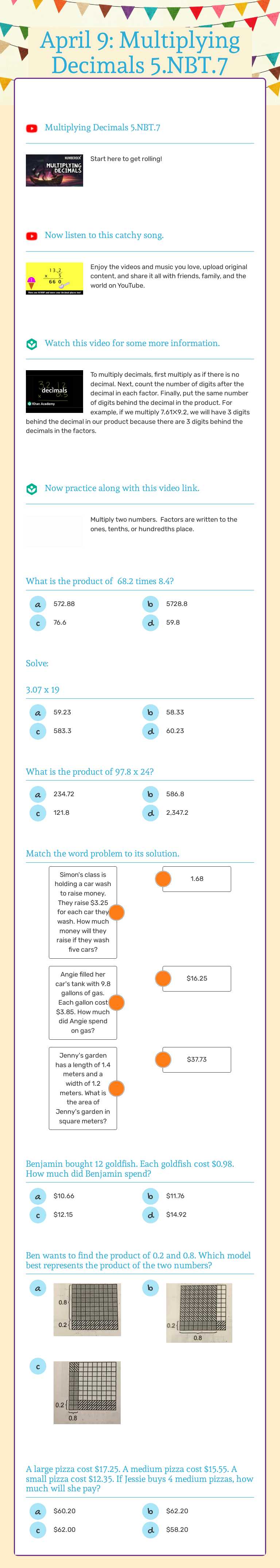 April 9: Multiplying Decimals 5.NBT.7 worksheet preview image