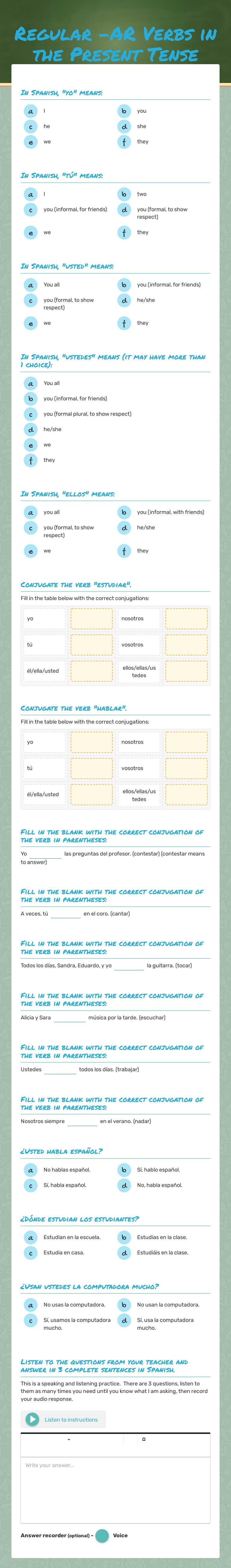 Regular -AR Verbs in the Present Tense Grade 7 worksheet preview