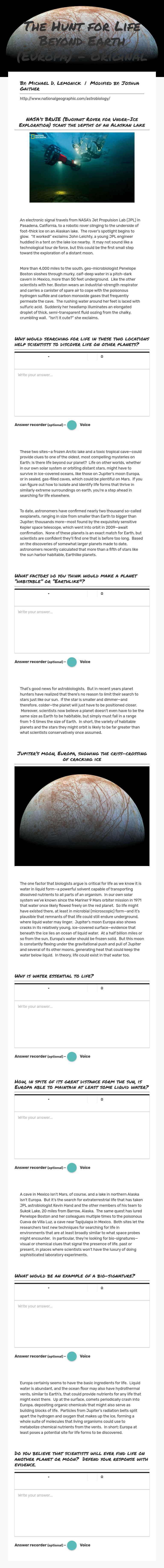The Hunt for Life Beyond Earth (Europa) - Original worksheet preview image