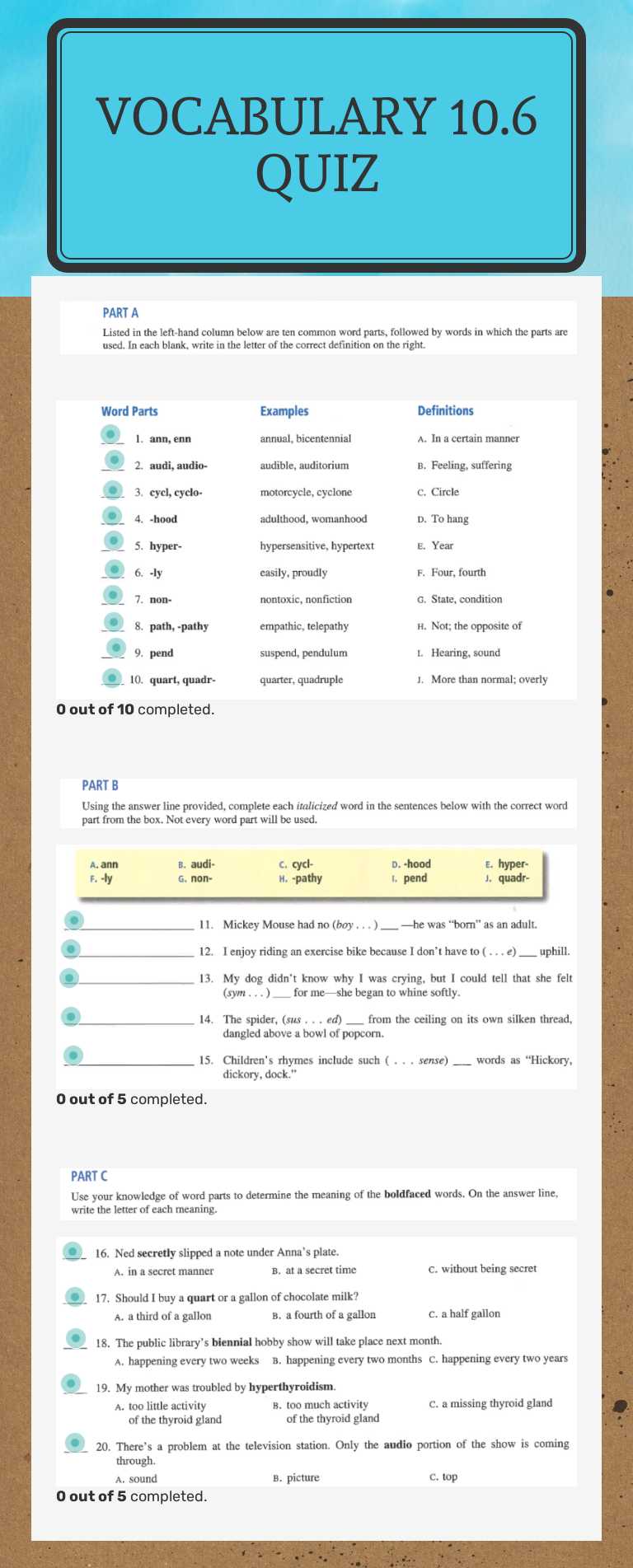 Vocabulary 10.6 Quiz worksheet preview image