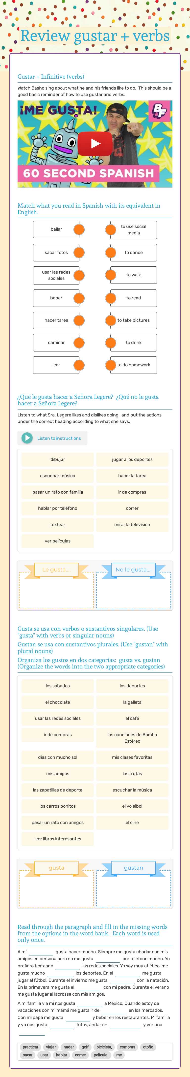 Review gustar + verbs worksheet preview image