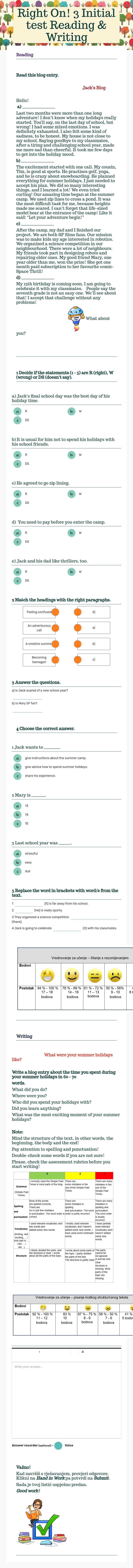 Right On! 3 Initial test Reading & Writing worksheet preview image