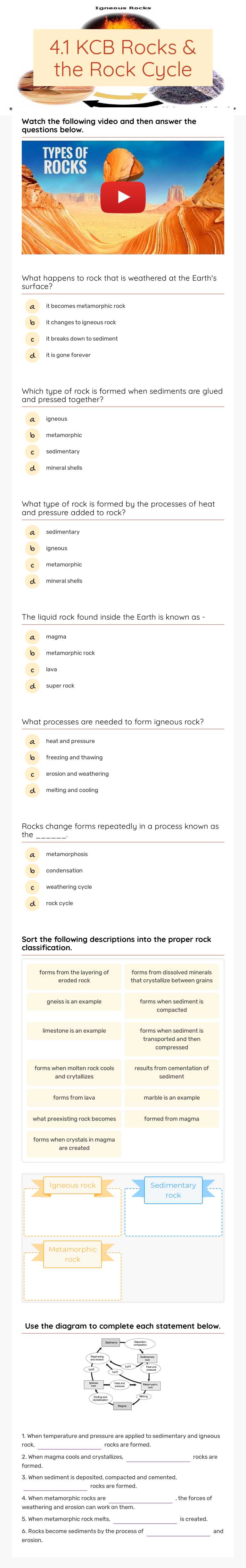 4.1 KCB  Rocks & the Rock Cycle worksheet preview image