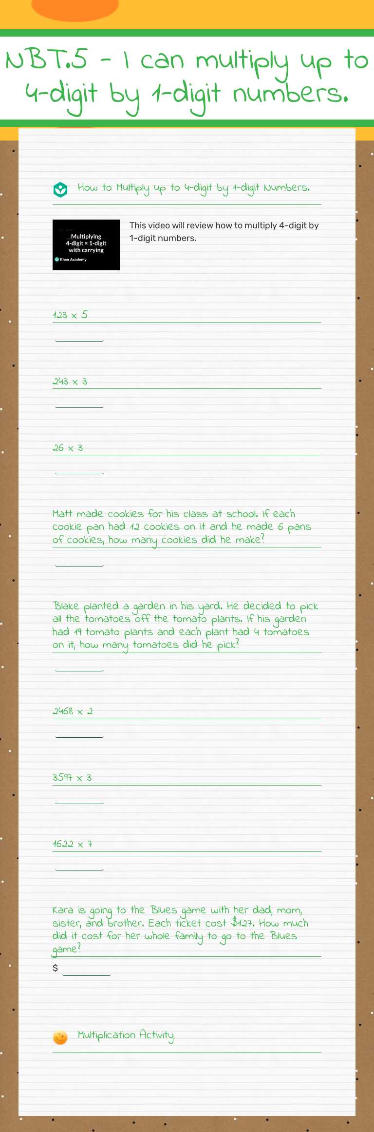 NBT.5  -  I can multiply up to 
4-digit by 1-digit numbers. worksheet preview image