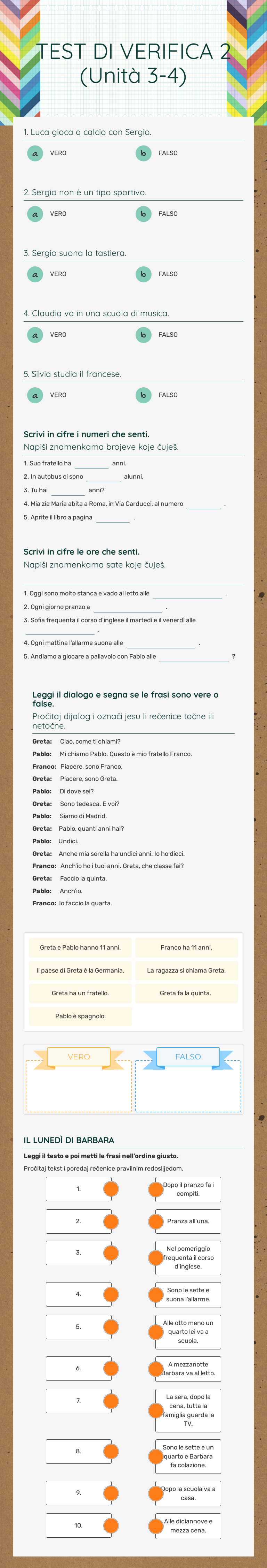 TEST DI VERIFICA 2    (Unità 3-4) worksheet preview image