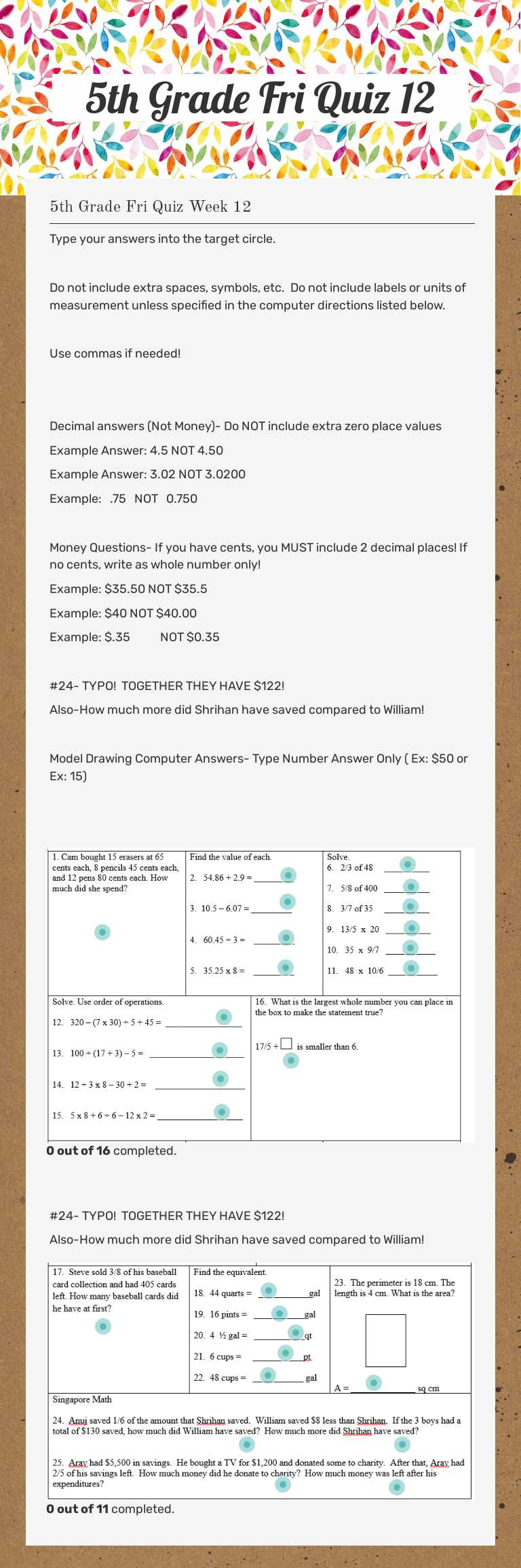 5th Grade Fri Quiz 12 Grade 5 worksheet preview