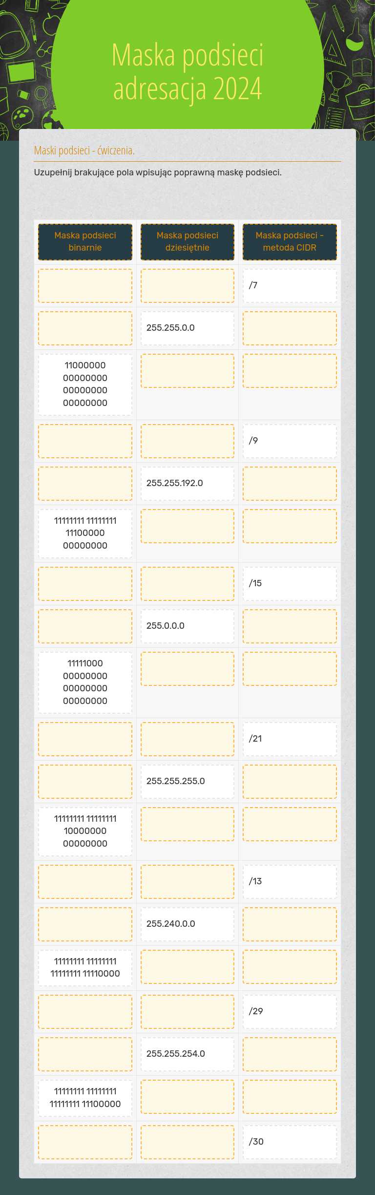 Maska podsieci
adresacja 2024 worksheet preview image