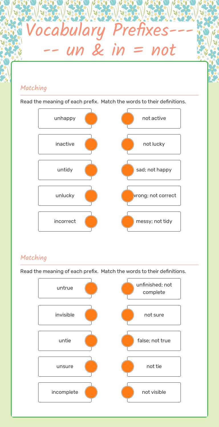 Vocabulary Prefixes-----         
 un & in = not worksheet preview image