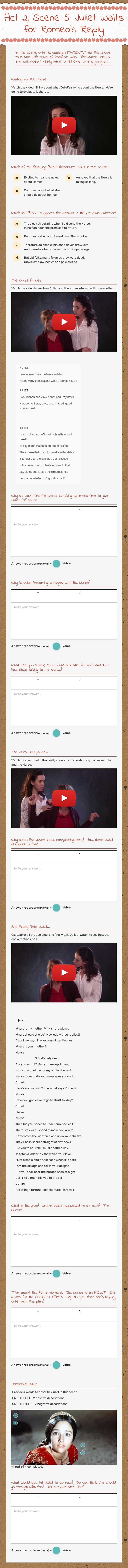 Act 2, Scene 5:  Juliet Waits for Romeo's Reply worksheet preview image