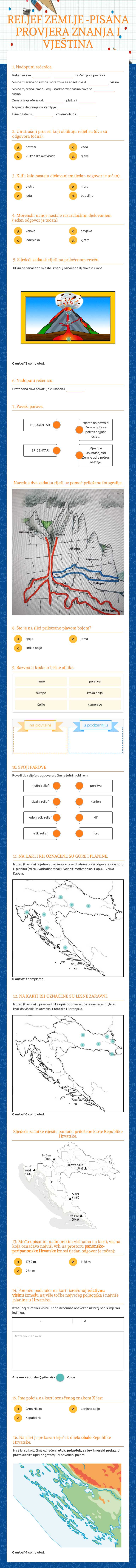 RELJEF ZEMLJE -PISANA PROVJERA ZNANJA I VJEŠTINA worksheet preview image