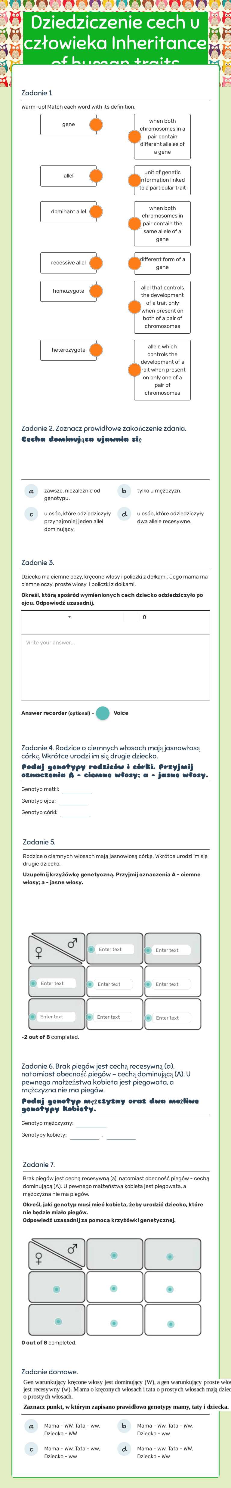 Dziedziczenie cech u człowieka 
Inheritance of human traits worksheet preview image